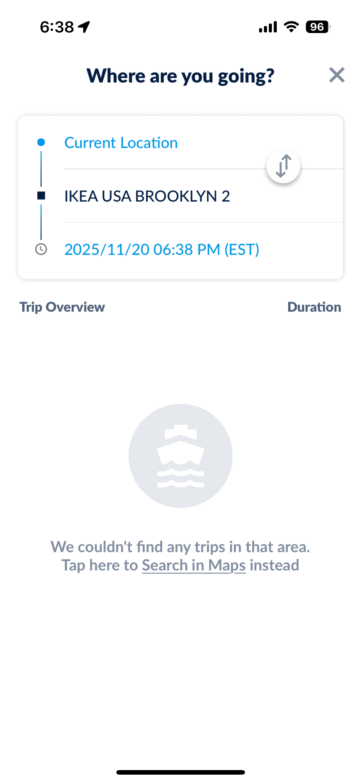 NYC Ferry app — no trips found, current location to IKEA Brooklyn